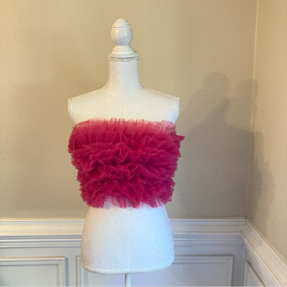 ZARA Dark Fuschia Pink Layered Ruffle Tulle Strapless Crop Tube Top - Picture 10 of 12